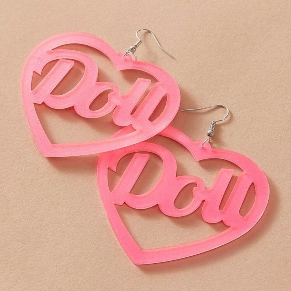 🎀 Super Cute Large Doll Phrase Pop Art Glitter Pastel Heart Drop Earrings 🎀